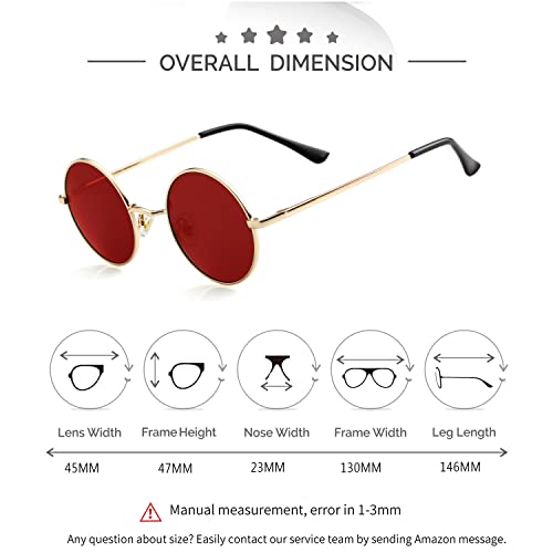 Kursan Red Circle Glasses/Small Round Polarized Sunglasses for Women Men Hippie Retro Circle Sun Glasses - 45MM (Gold/Clear Red) - Image 5
