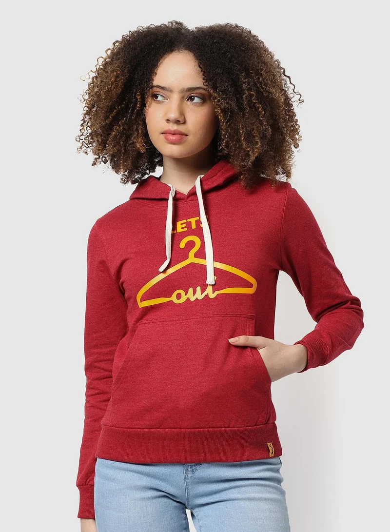 Campus Sutra Women's Rose Red Let's-Hang-Out Print Pullover Hoodie
