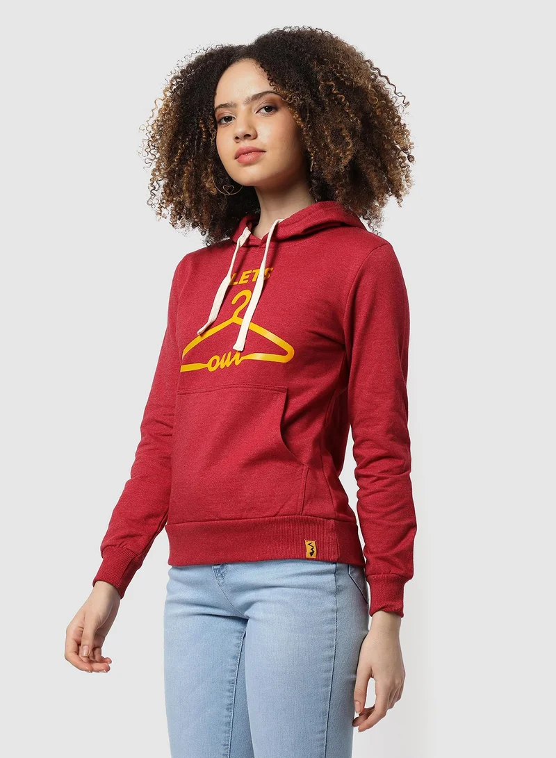 Campus Sutra Women's Rose Red Let's-Hang-Out Print Pullover Hoodie
