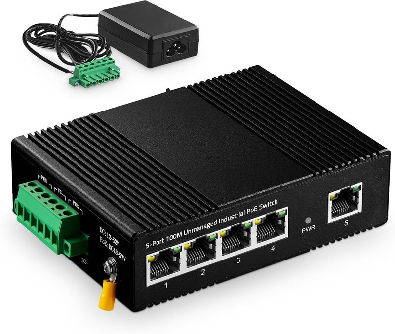 Binardat 5 Port Industrial Ethernet Switch, 4 PoE IEEE802.3af/at, 1 Uplink, 10/100Mbps, Fanless Wall Mount, with One 60W PoE Power Supply - Image 1