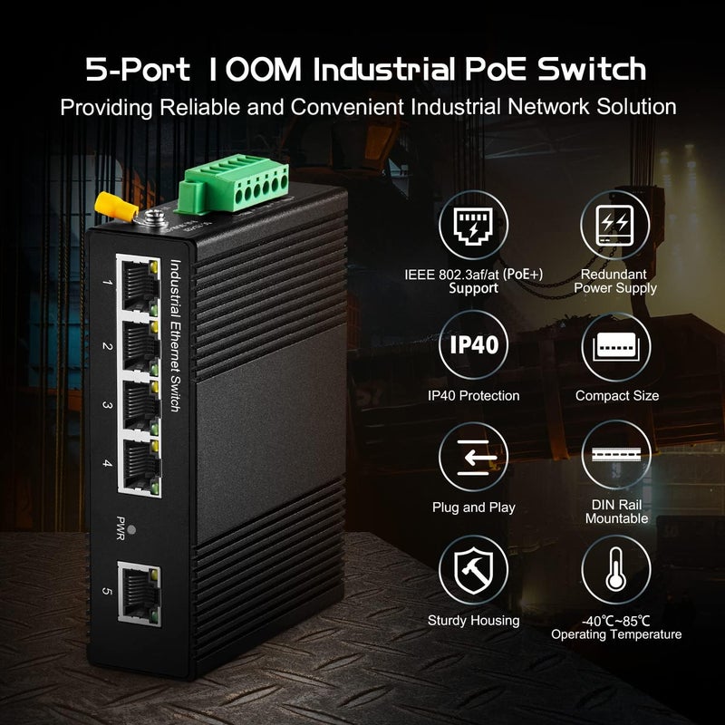 Binardat 5 Port Industrial Ethernet Switch, 4 PoE IEEE802.3af/at, 1 Uplink, 10/100Mbps, Fanless Wall Mount, with One 60W PoE Power Supply - Image 2