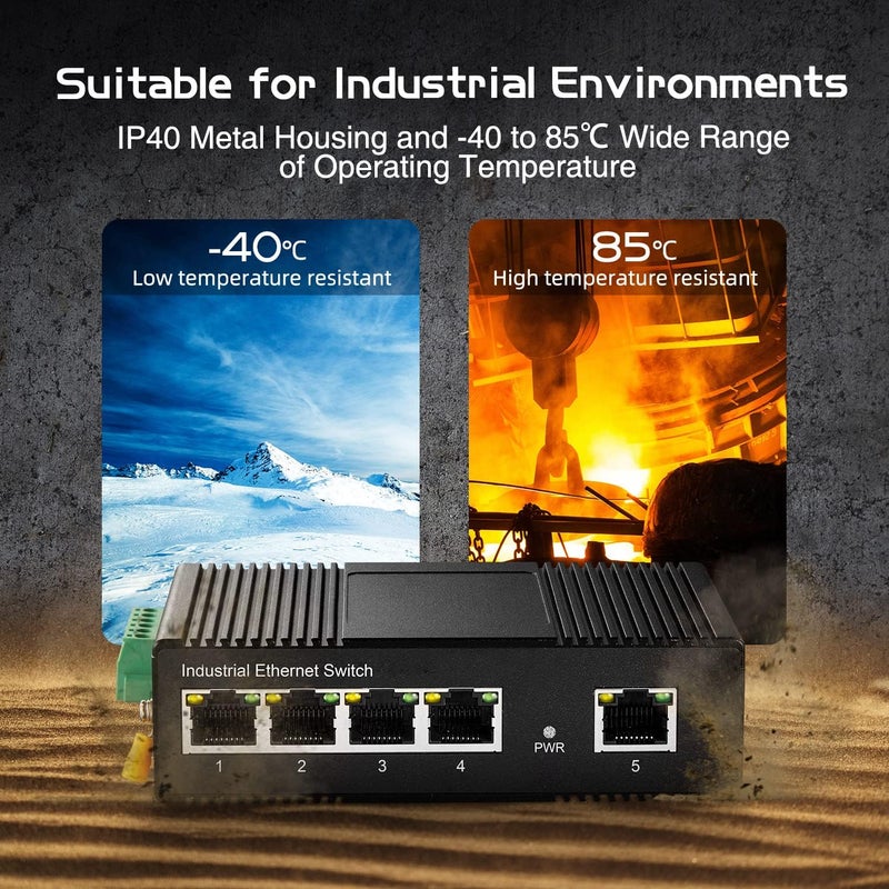 Binardat 5 Port Industrial Ethernet Switch, 4 PoE IEEE802.3af/at, 1 Uplink, 10/100Mbps, Fanless Wall Mount, with One 60W PoE Power Supply - Image 3