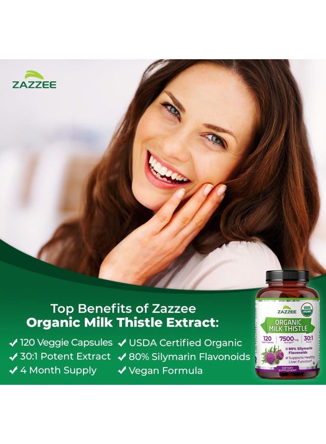 Zazzee كبسولات مستخلص شوك الحليب العضوي من وزارة الزراعة الأمريكية بنسبة 30:1، قوة 7500 مجم، 120 كبسولة نباتية، 80% من فلافونويدات سيليمارين، مستخلص قوي بنسبة 30:1، معتمد عضويًا، غير معدّل وراثيًا، طبيعي بالكامل، صنع في الولايات المتحدة الأمريكية - Image 4