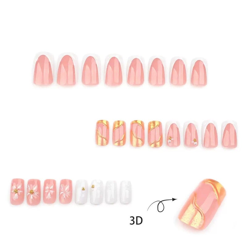 CTTHNBD Square Press on Nails Medium - White French Tip Fake Nails with 3D Flower Wave Design- Elegant Full Cover Stick on False Nails for Women - 24 Pcs - Image 4