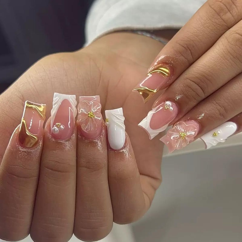 CTTHNBD Square Press on Nails Medium - White French Tip Fake Nails with 3D Flower Wave Design- Elegant Full Cover Stick on False Nails for Women - 24 Pcs - Image 1