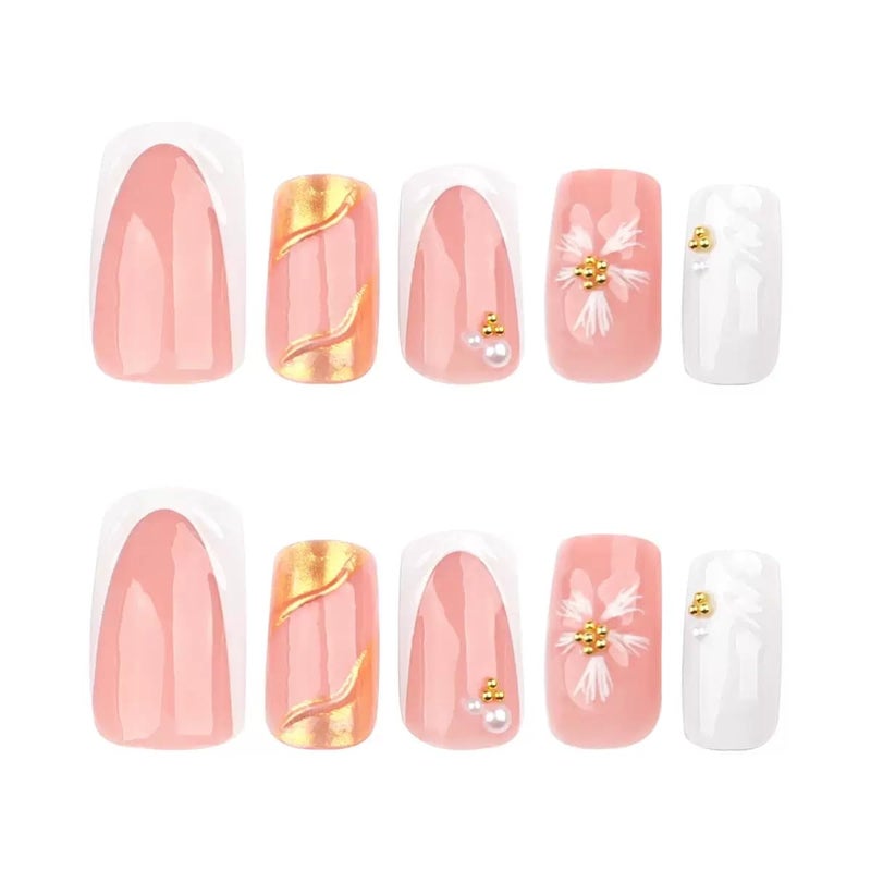 CTTHNBD Square Press on Nails Medium - White French Tip Fake Nails with 3D Flower Wave Design- Elegant Full Cover Stick on False Nails for Women - 24 Pcs - Image 5