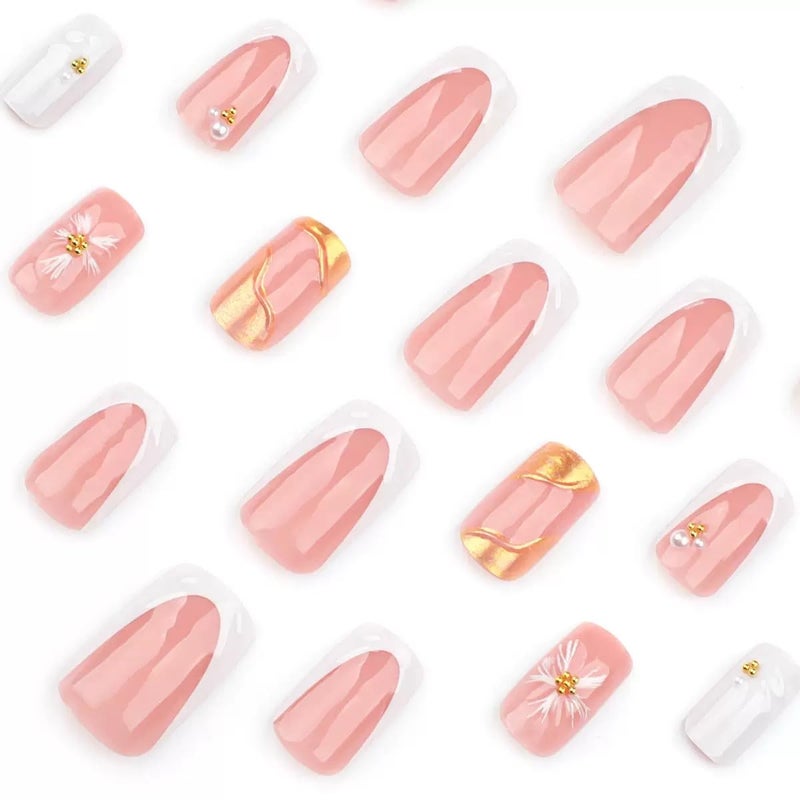 CTTHNBD Square Press on Nails Medium - White French Tip Fake Nails with 3D Flower Wave Design- Elegant Full Cover Stick on False Nails for Women - 24 Pcs - Image 2