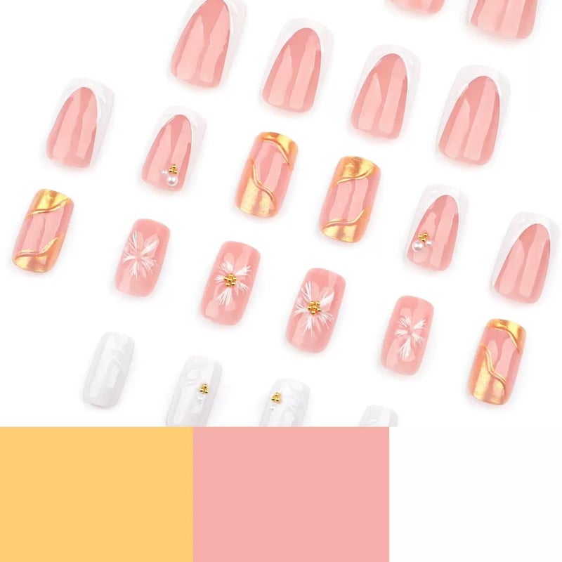 CTTHNBD Square Press on Nails Medium - White French Tip Fake Nails with 3D Flower Wave Design- Elegant Full Cover Stick on False Nails for Women - 24 Pcs - Image 3
