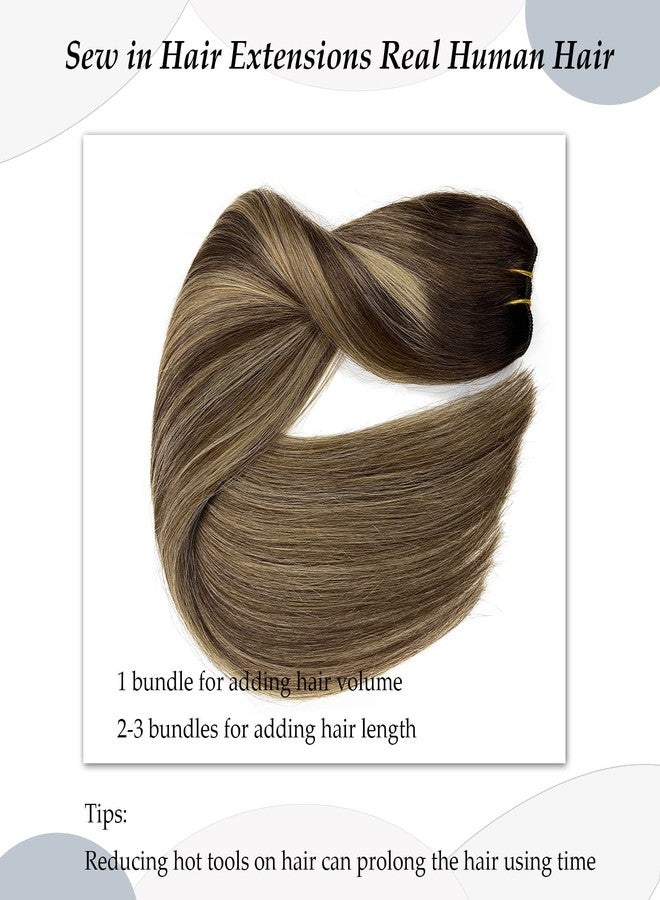 Ubetta Sew in Hair Extensions - Real Human Hair Balayage Brown and Blonde Highlights Weft for Women, 14 Inch 80G Hand Tied Weft Human Hair Bundles - Image 4
