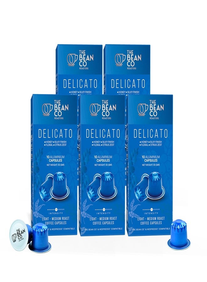 THE BEAN CO كبسولات قهوة ديليكاتو من الألومنيوم من ذا بين كو روستر | درجة التحميص 7 | ناعمة ورقيقة | تحميص خفيف إلى متوسط | أرابيكا فاخرة | عبوة من 5-50 كبسولة قهوة - متوافقة مع نسبريسو - Image 1