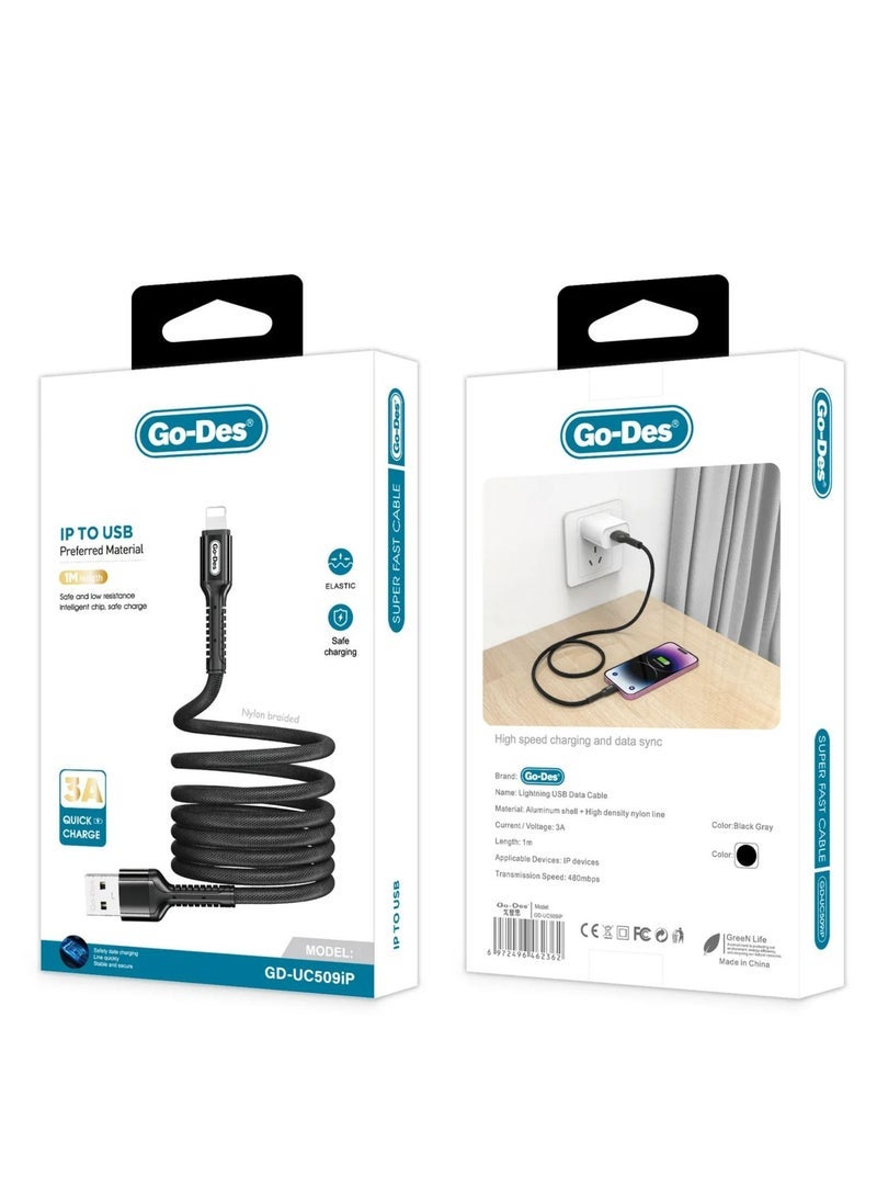 GO-DES 3-in-1 Nylon Braided Charging Cable – 3A Fast Charger Cord with USB Type-C, Micro USB & Lightning Connectors – Durable Multi-Charging Cable for iPhone, Android, Samsung, Huawei & More Devices - Image 3