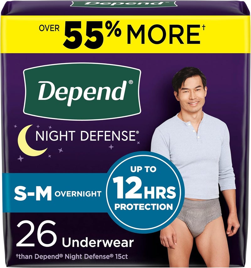 Depend Depend Night Defense Adult Incontinence Underwear for Men, Disposable, Overnight, Small/Medium, Grey, 26 Count, Packaging May Vary 