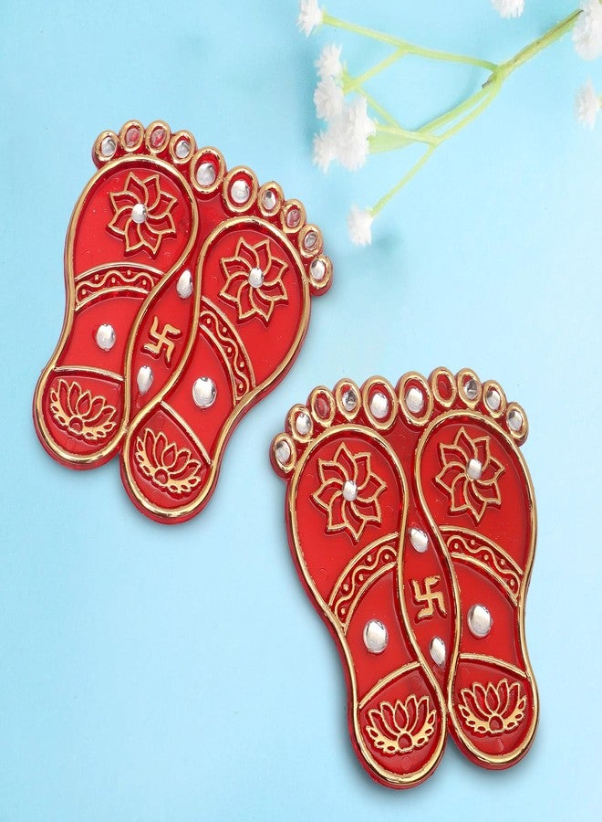 ProKart MDF 1 Pair Lakshmi Charan Paduka Stickers | Traditional Pooja Footprint for Diwali Decoration, Home Entrance, Puja Ghar, Temple & Festive Décor (1 Pair Lakshmi Charan, Red) - Image 1