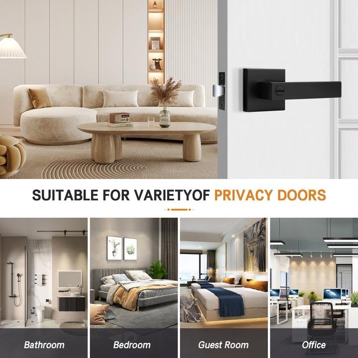 Probrico 10 Pack| Matte Black Door Handles Privacy Door Levers, Heavy Duty Bed and Bath Door Locks Interior Keyless Locksets, Reversible Flat Levers with Square Rosette - Image 5