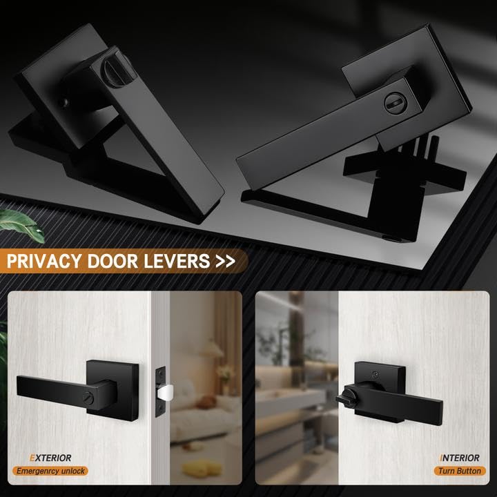 Probrico 10 Pack| Matte Black Door Handles Privacy Door Levers, Heavy Duty Bed and Bath Door Locks Interior Keyless Locksets, Reversible Flat Levers with Square Rosette - Image 4