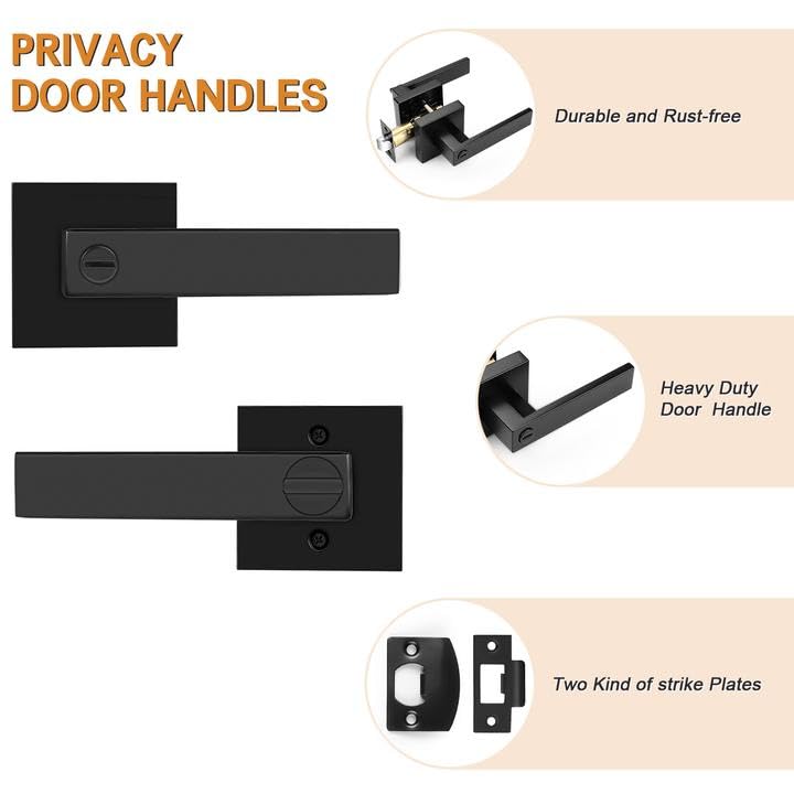 Probrico 10 Pack| Matte Black Door Handles Privacy Door Levers, Heavy Duty Bed and Bath Door Locks Interior Keyless Locksets, Reversible Flat Levers with Square Rosette - Image 2