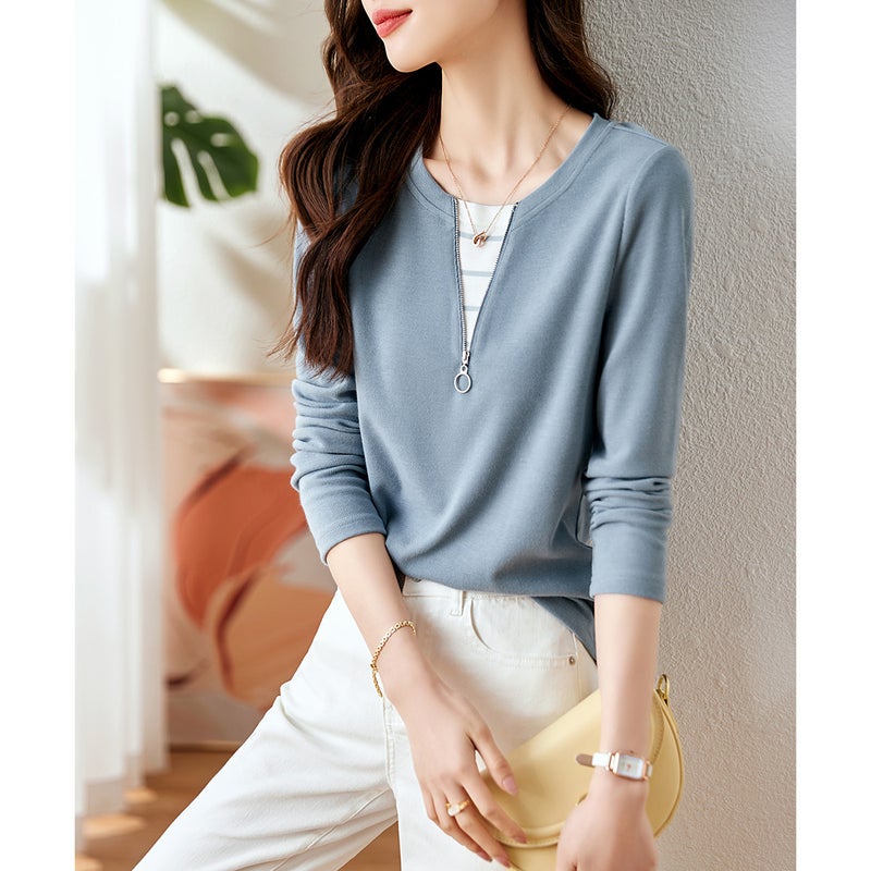 Collar Stitching Striped T-Shirt 2024 Autumn New Fashion Casual Collar Stitching Striped T-Shirt - Image 4