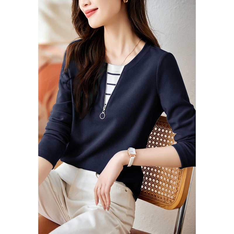 Collar Stitching Striped T-Shirt 2024 Autumn New Fashion Casual Collar Stitching Striped T-Shirt - Image 1
