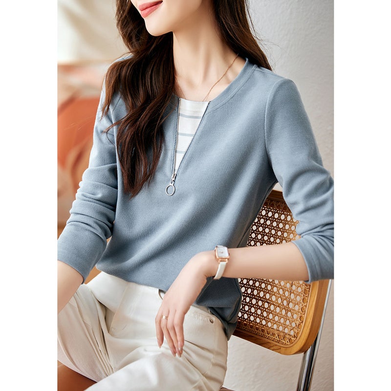 Collar Stitching Striped T-Shirt 2024 Autumn New Fashion Casual Collar Stitching Striped T-Shirt - Image 2