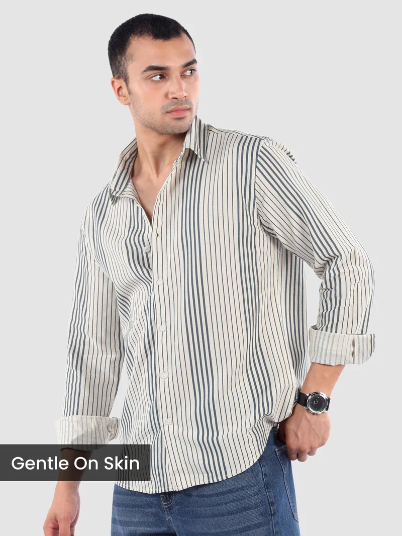 Beyoung Navy Cotton Stripe Shirt