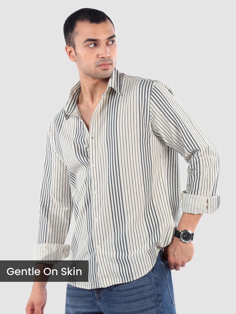 Beyoung Navy Cotton Stripe Shirt