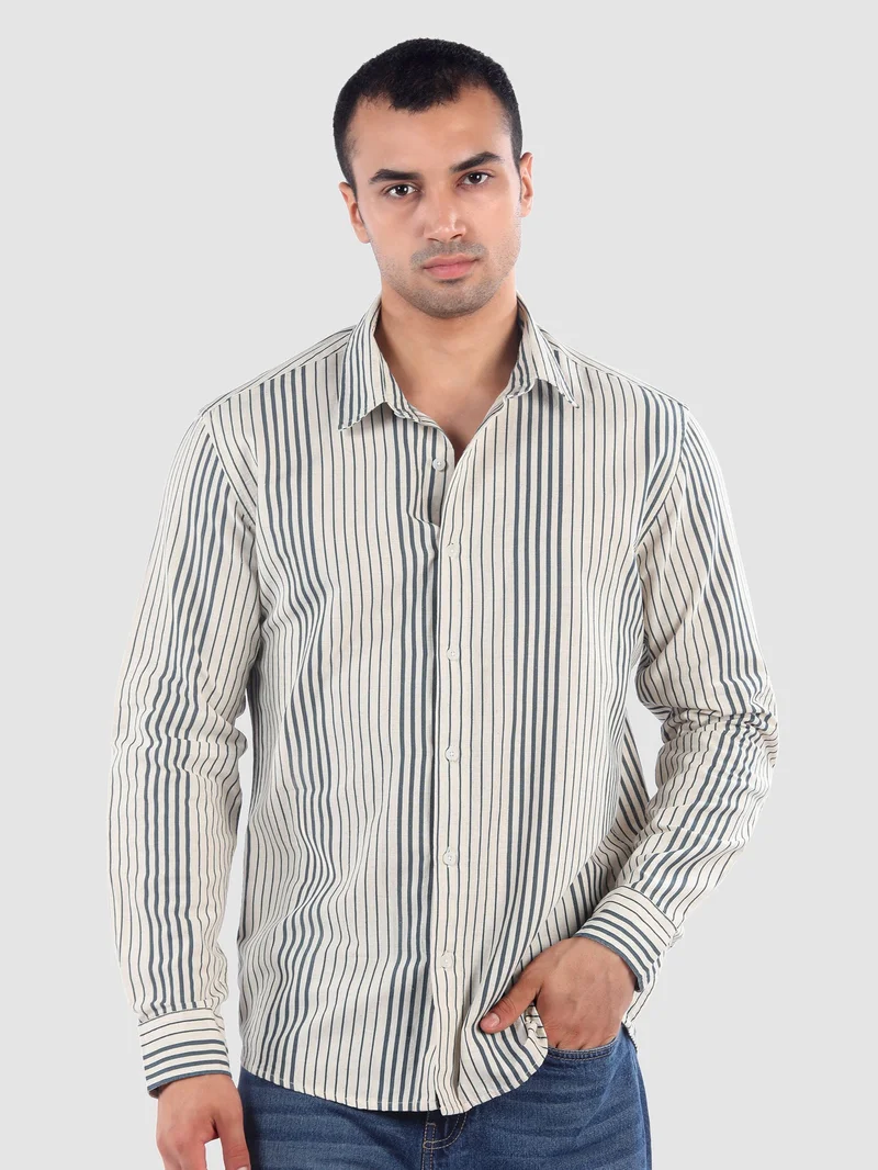 Beyoung Navy Cotton Stripe Shirt