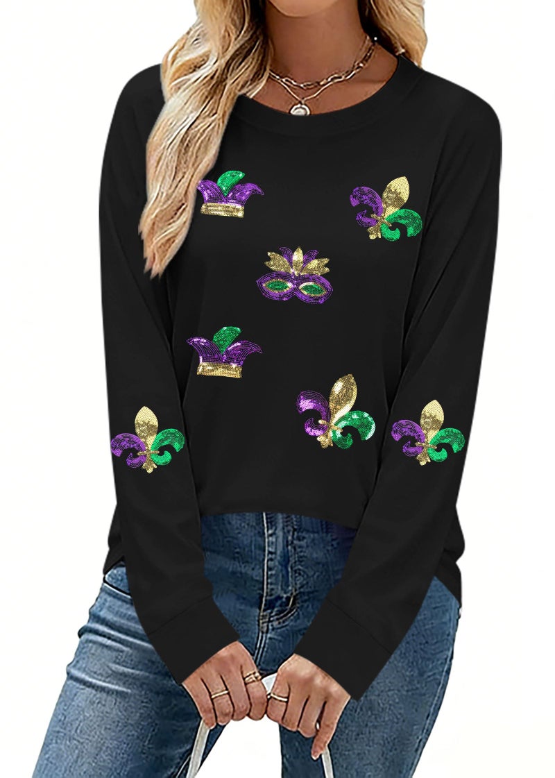 MAXIMGR Mardi Gras Sweatshirt Women Sequin Fat Tuesday Sweater Masks Graphic Shirt Carnival Crewneck Long Sleeve Tops - Image 2