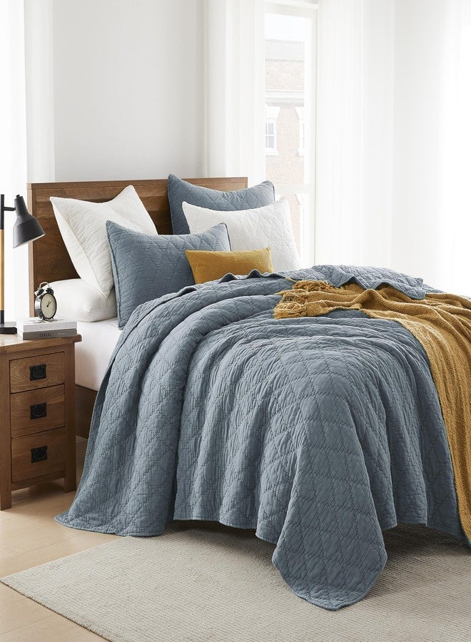 palassio Blue Grey Queen Size Quilt Set, Muslin Cotton Shell Down-Alt Poly Filling, Soft Shabby Chic Rustic Farmhouse Country Bedspread, Textured Gauze Coverlet, Lightweight Bedding, 2 Shams - Image 3