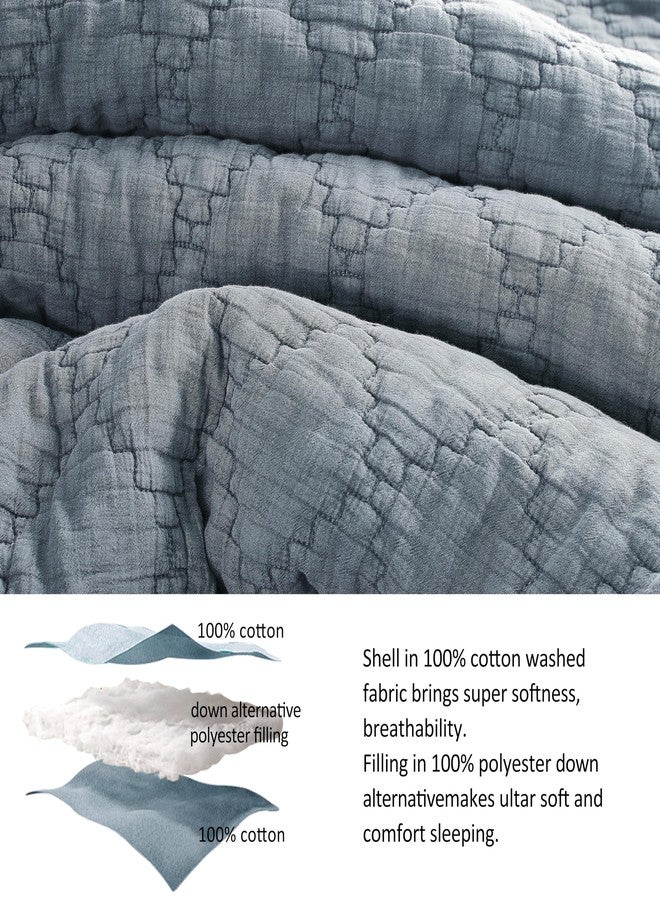 palassio Blue Grey Queen Size Quilt Set, Muslin Cotton Shell Down-Alt Poly Filling, Soft Shabby Chic Rustic Farmhouse Country Bedspread, Textured Gauze Coverlet, Lightweight Bedding, 2 Shams - Image 2