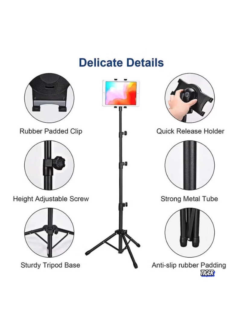 TIGER - Tablet Floor Tripod Stand – Adjustable Height Tablet Holder Mount for 4.7 to 12.9" Devices – Compatible with iPad Pro 12.9, Mini, Air, Samsung Galaxy, and More – Ideal for Hands-Free Use, Video Calls, Streaming, and Presentations – Sturdy, Portable, and Versatile - Image 1