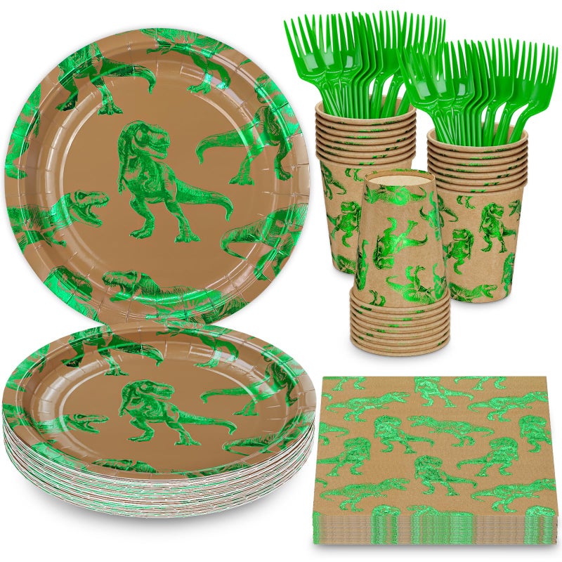 DYLIVeS Green Foil Dinosaur Birthday Party Decorations Rawr Dinosaur Disposable Tableware Set with 9 Dinner Plates Napkins Cups Forks  Serves 24