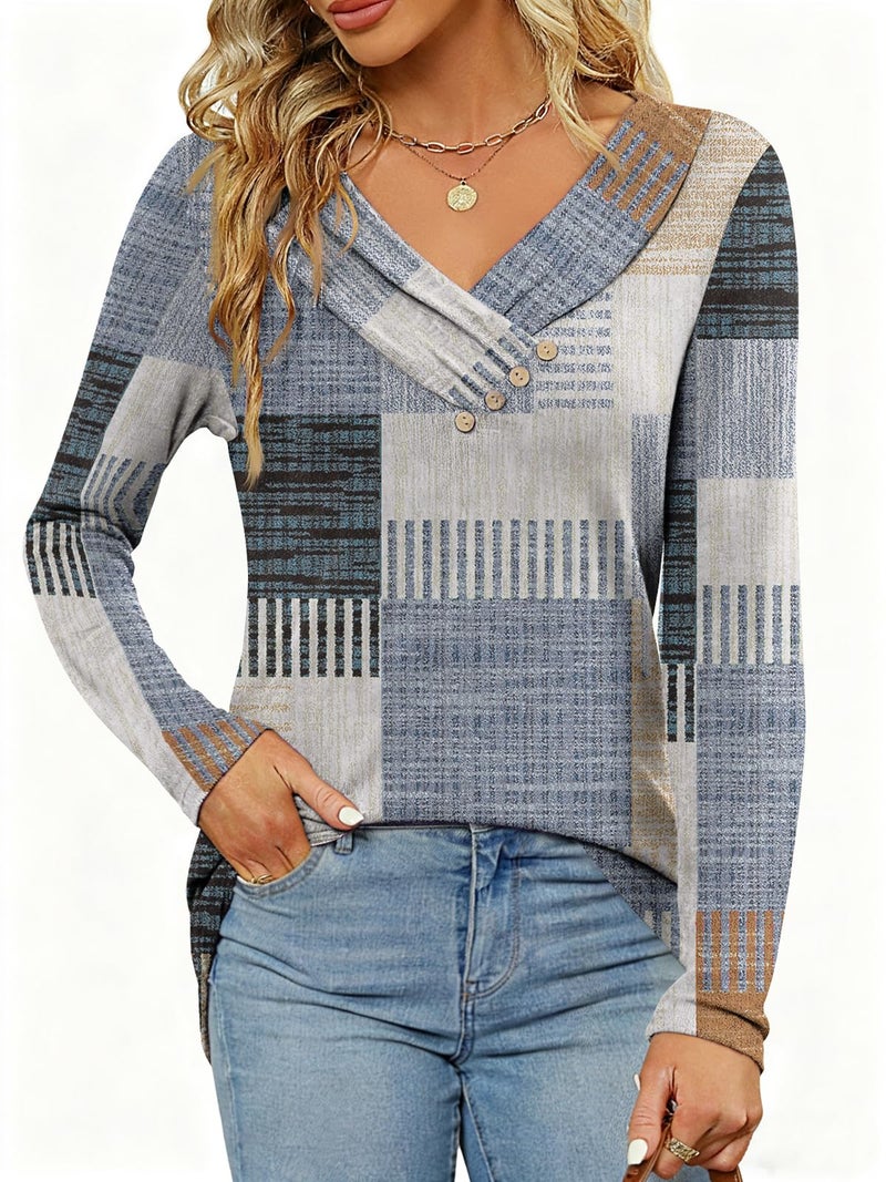 FMEYOA Women's Fall Long Sleeve Tunic Tops for Leggings Pleated V Neck Button Casual Blouse Graphic Printed Sweatshirt - Image 2