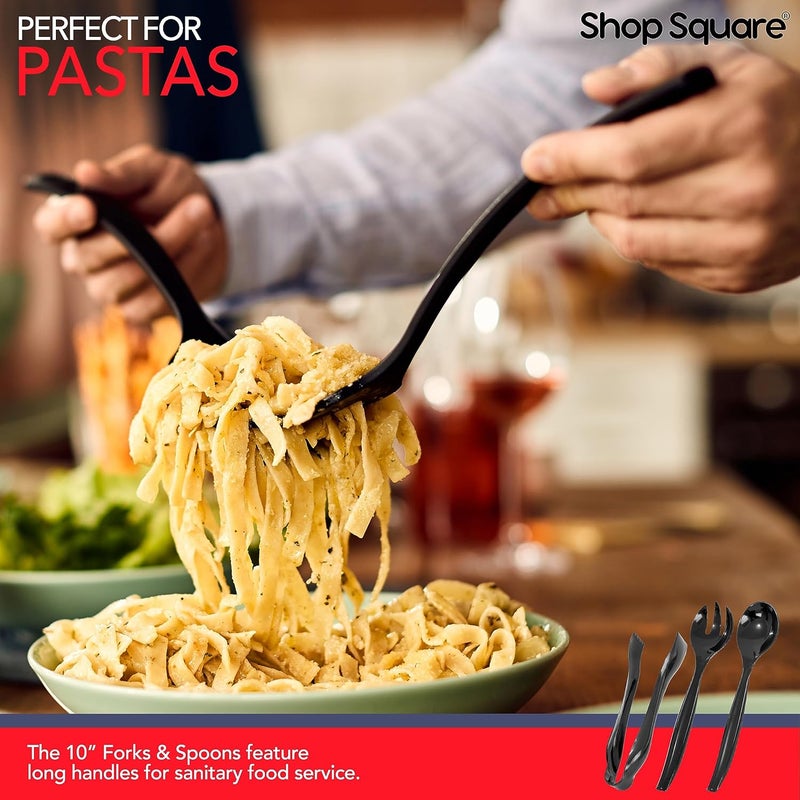 Shop Square Disposable Plastic Serving Utensils - Set of 18 Black Plastic Utensils, 6 Each 6" Serving Tongs, 10” Serving Spoons, 10” Serving Forks, Buffet Serving Utensils, Party Utensils - Image 5