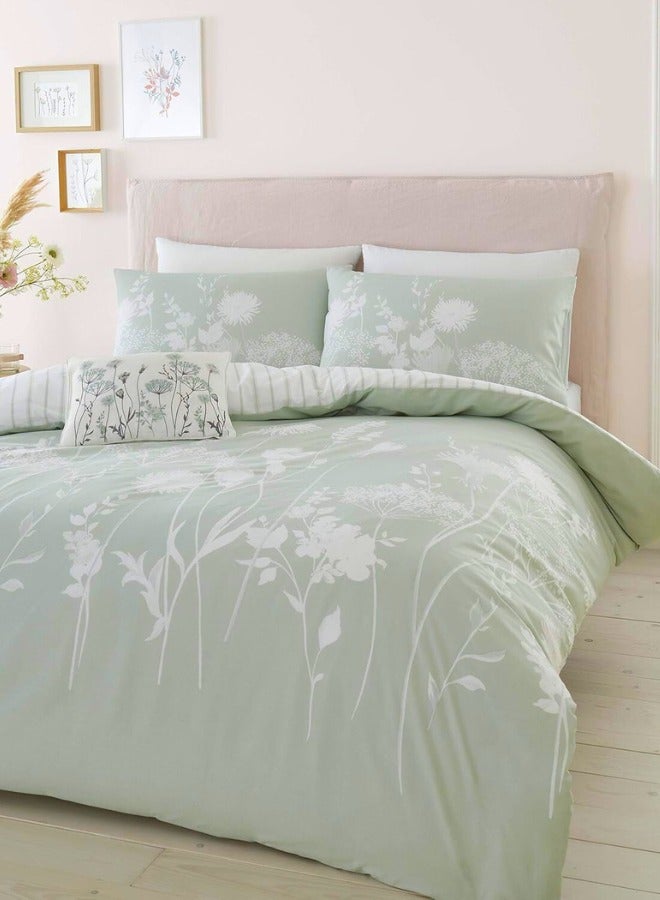 Chase Up Meadowsweet Floral Reversible Double Duvet Cover Set with Pillowcases Green - Image 2