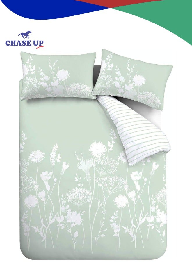 Chase Up Meadowsweet Floral Reversible Double Duvet Cover Set with Pillowcases Green - Image 1