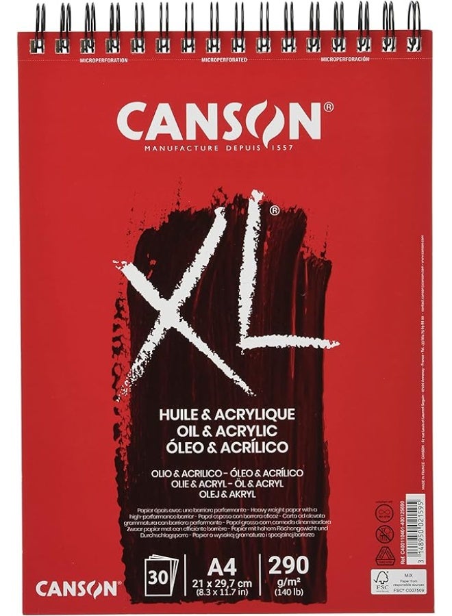 CANSON 30 Sheets 290gsm A4 XL Huile & Acrylique Oil and Acrylic Painting Spiral Pad White Color - Image 1