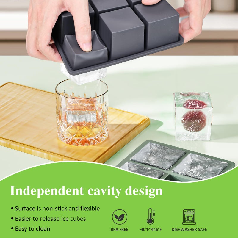 GGUW Large Ice Cube Tray for Whiskey: 2" Big Silicone Ice Tray with Lid for Whisky - 3Pack Old Fashioned Ice Cube Trays for Cocktail - Huge Square Cubed Bourbon Ice Cube Maker - Image 2