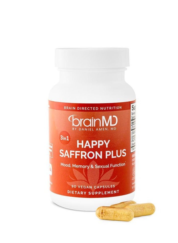 BRAINMD Happy Saffron Plus Supplements, Optimized Organic Saffron Extract, Curcumin & Zinc, Vegan Gluten Free Non-GMO Pills May Support Mood, Focus, Vision, Eye Health for Women & Men 90 Capsules  - Image 1
