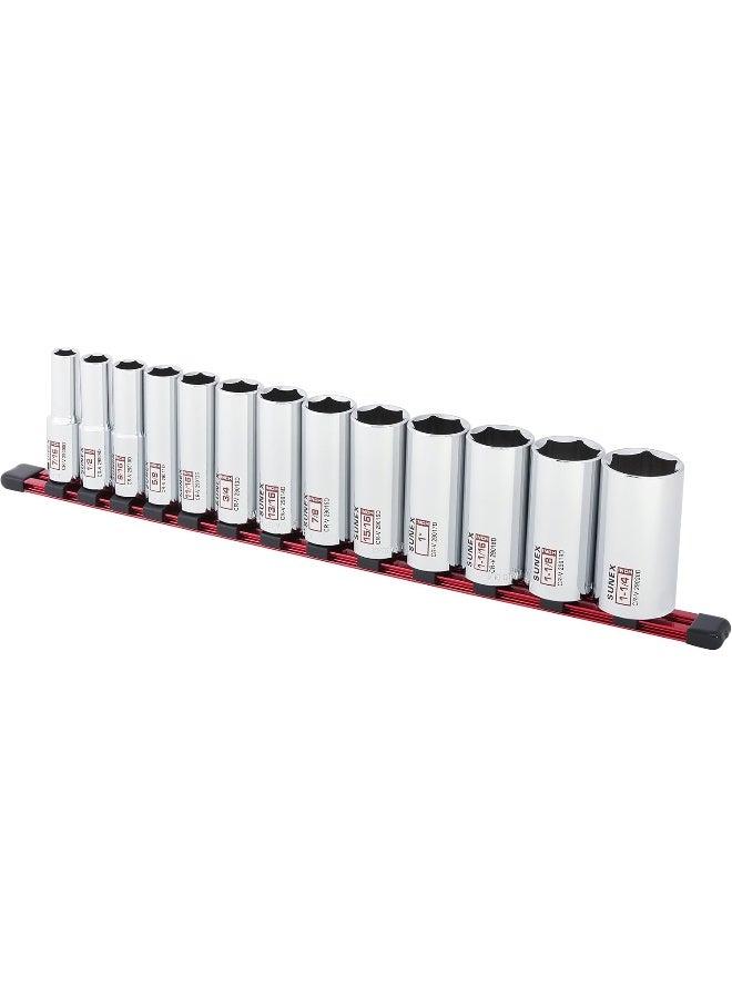 SUNEX 13Piece 1/2" Drive Chrome Socket Rail 6Pt SAE Deep - Image 2