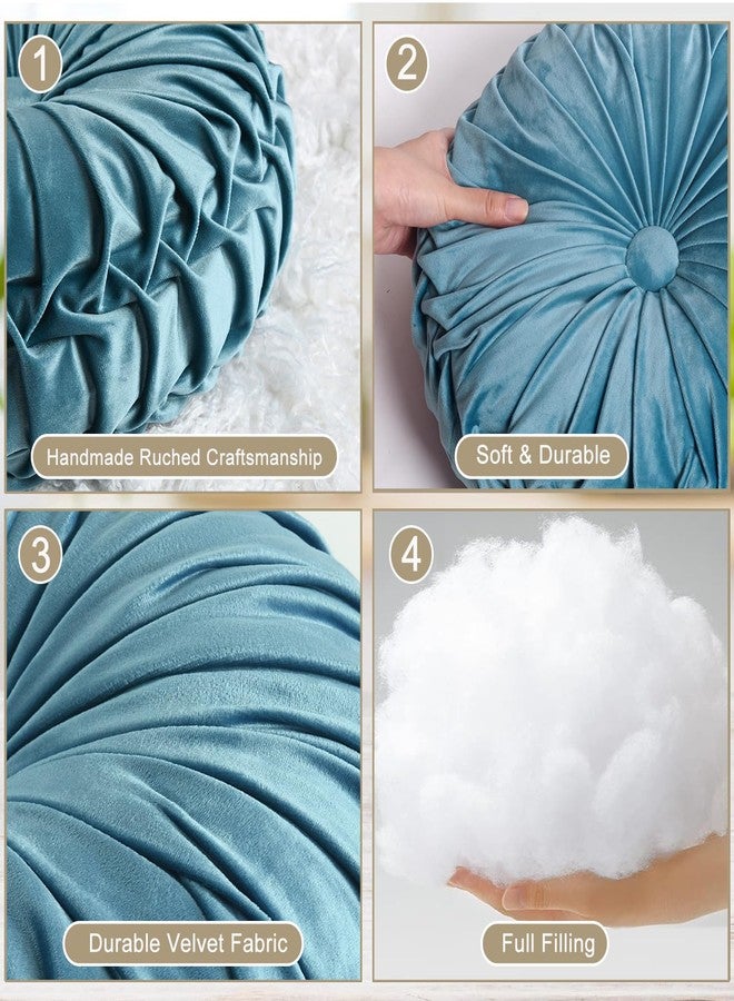 Hi -G HIG Set of 2 Dusty Blue Ruched Velvet Round Throw Pillows - 14.5’’ Decorative Pillows with Soft Polyester Filling for Couch, Bed, Living Room, Bedroom, or Dorm - Handmade, Stress Relieving, All-Season - Image 3
