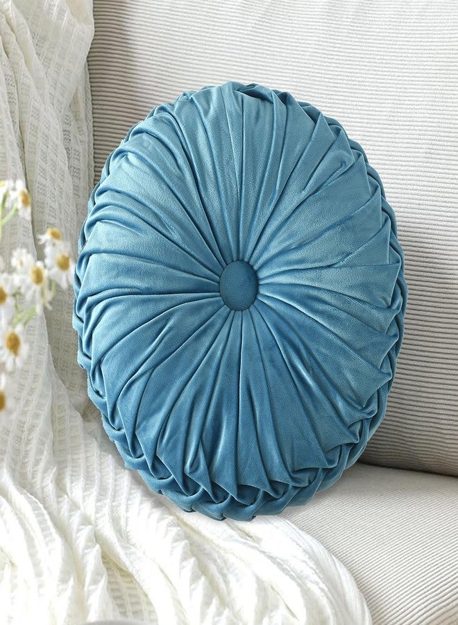 Hi -G HIG Set of 2 Dusty Blue Ruched Velvet Round Throw Pillows - 14.5’’ Decorative Pillows with Soft Polyester Filling for Couch, Bed, Living Room, Bedroom, or Dorm - Handmade, Stress Relieving, All-Season - Image 2
