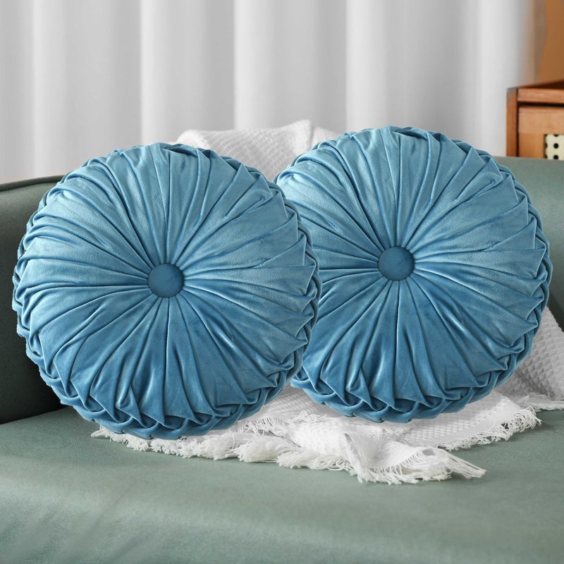 Hi -G HIG Set of 2 Dusty Blue Ruched Velvet Round Throw Pillows - 14.5’’ Decorative Pillows with Soft Polyester Filling for Couch, Bed, Living Room, Bedroom, or Dorm - Handmade, Stress Relieving, All-Season - Image 1