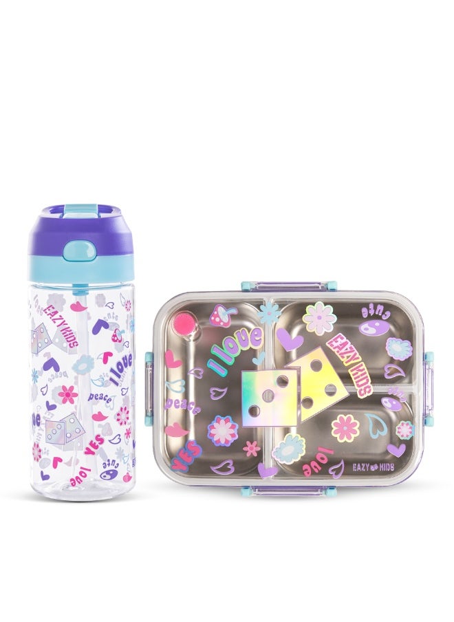 Eazy Kids Eazy Kids 3 Compartment 800ml Stainless Steel bento Lunch Box w/ Water Bottle - Floral Purple  - Image 1