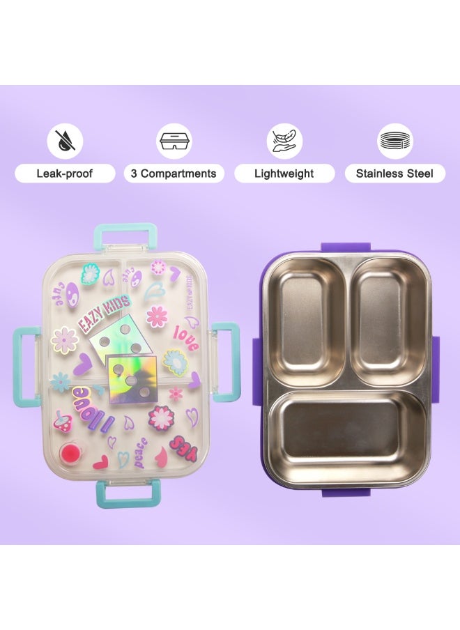 Eazy Kids Eazy Kids 3 Compartment 800ml Stainless Steel bento Lunch Box w/ Water Bottle - Floral Purple  - Image 4