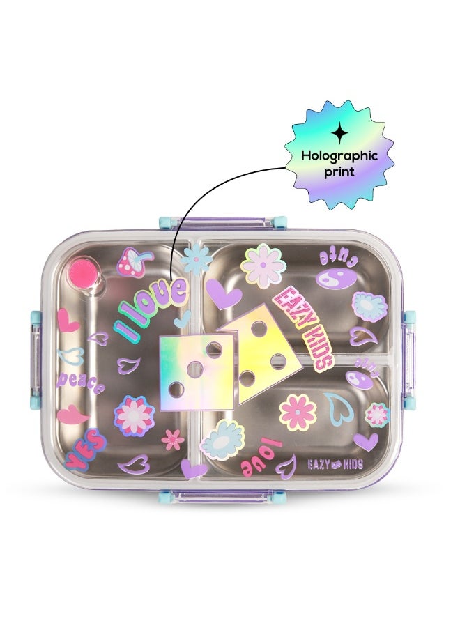 Eazy Kids Eazy Kids 3 Compartment 800ml Stainless Steel bento Lunch Box w/ Water Bottle - Floral Purple  - Image 2