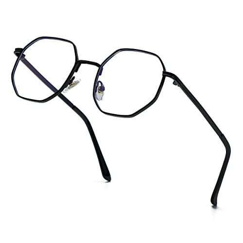 JOVAKIT Polygon Blue Light Blocking Glasses for Women Men Vintage Octagon Square Non-prescription Metal Eyeglasses (Black) - Image 1