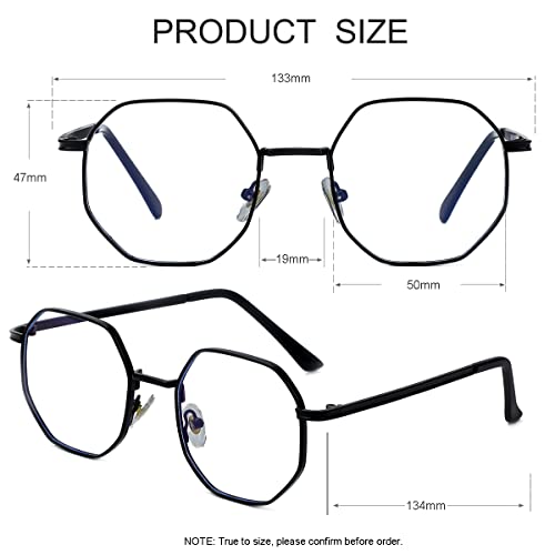 JOVAKIT Polygon Blue Light Blocking Glasses for Women Men Vintage Octagon Square Non-prescription Metal Eyeglasses (Black) - Image 3