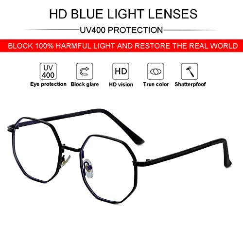JOVAKIT Polygon Blue Light Blocking Glasses for Women Men Vintage Octagon Square Non-prescription Metal Eyeglasses (Black) - Image 4