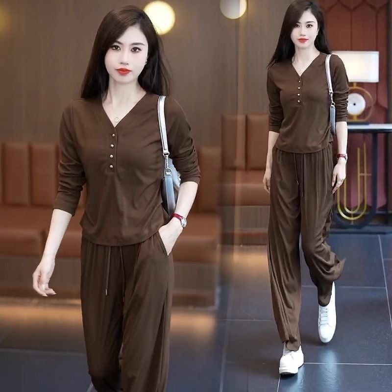 Fashion suit Women''s 2024 Autumn Elegant New Quality Slimming Age-reducing Long-sleeved Top Wide-leg Pants Casual Two-piece Set - Image 3