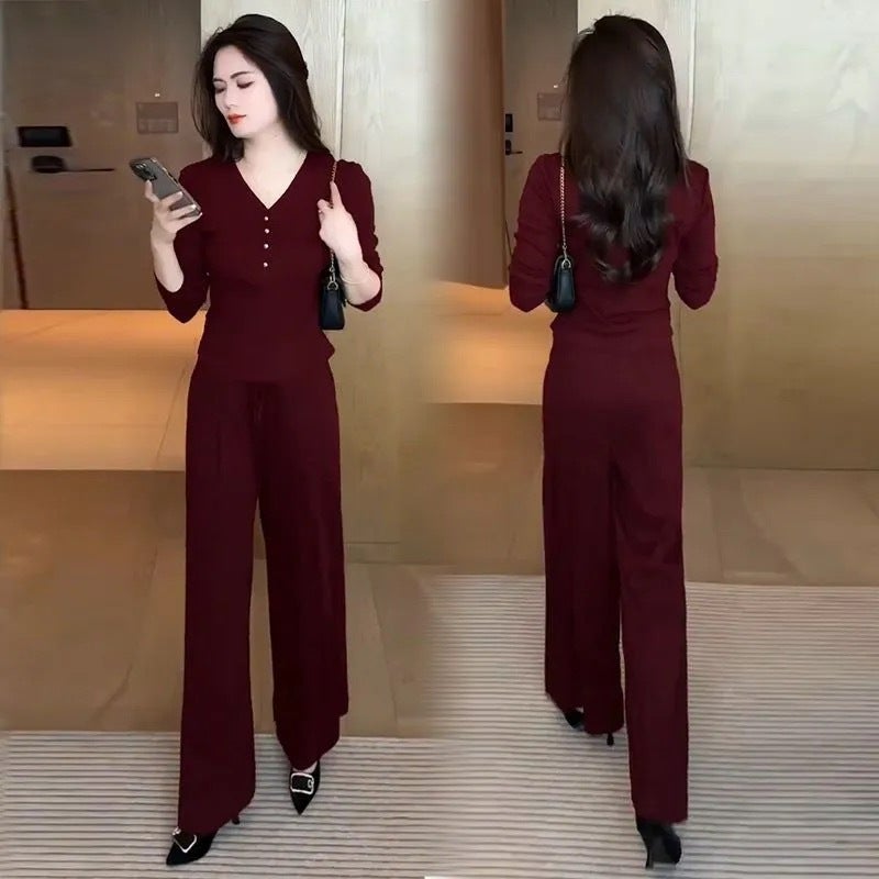 Fashion suit Women''s 2024 Autumn Elegant New Quality Slimming Age-reducing Long-sleeved Top Wide-leg Pants Casual Two-piece Set - Image 4